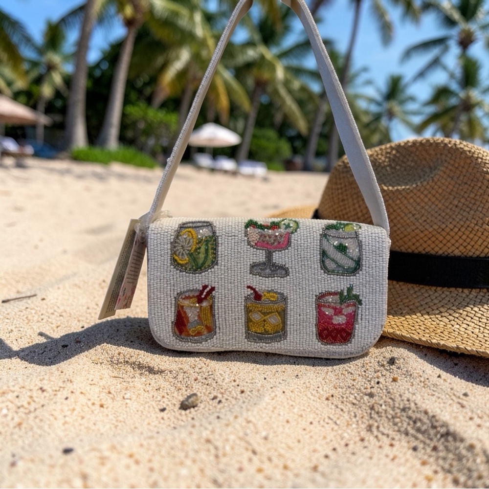 White Beaded Shoulder Bag with Colorful Cocktail Motifs